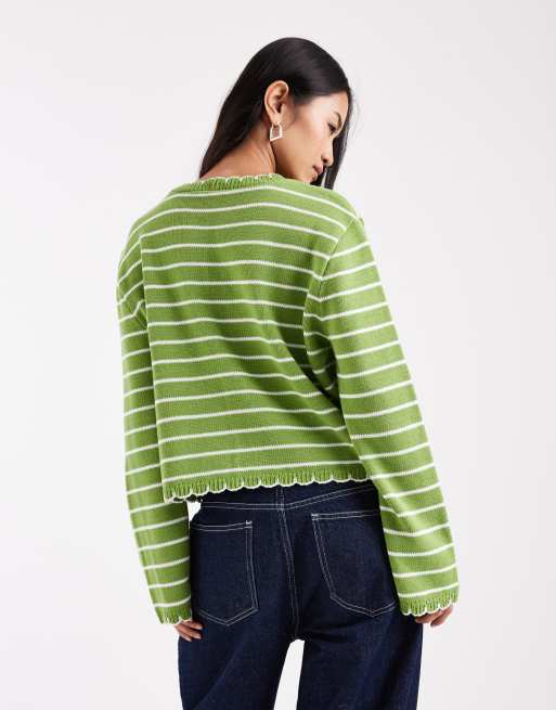 Miss Selfridge striped blanket stitch cardigan in green