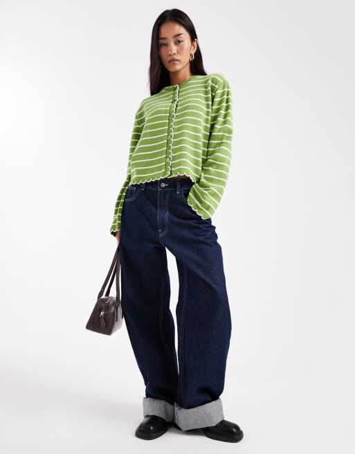 Miss Selfridge striped blanket stitch cardigan in green