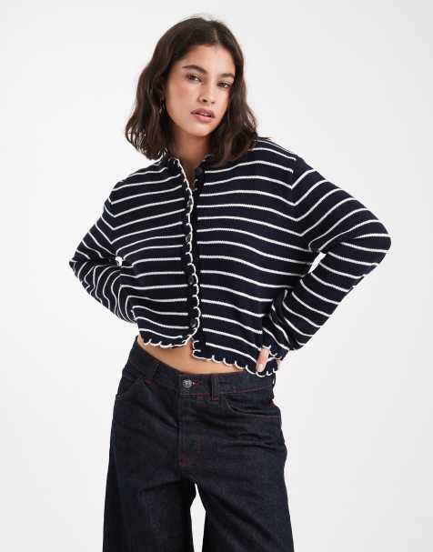 Miss Selfridge striped blanket-stitch cardigan in navy - view 1