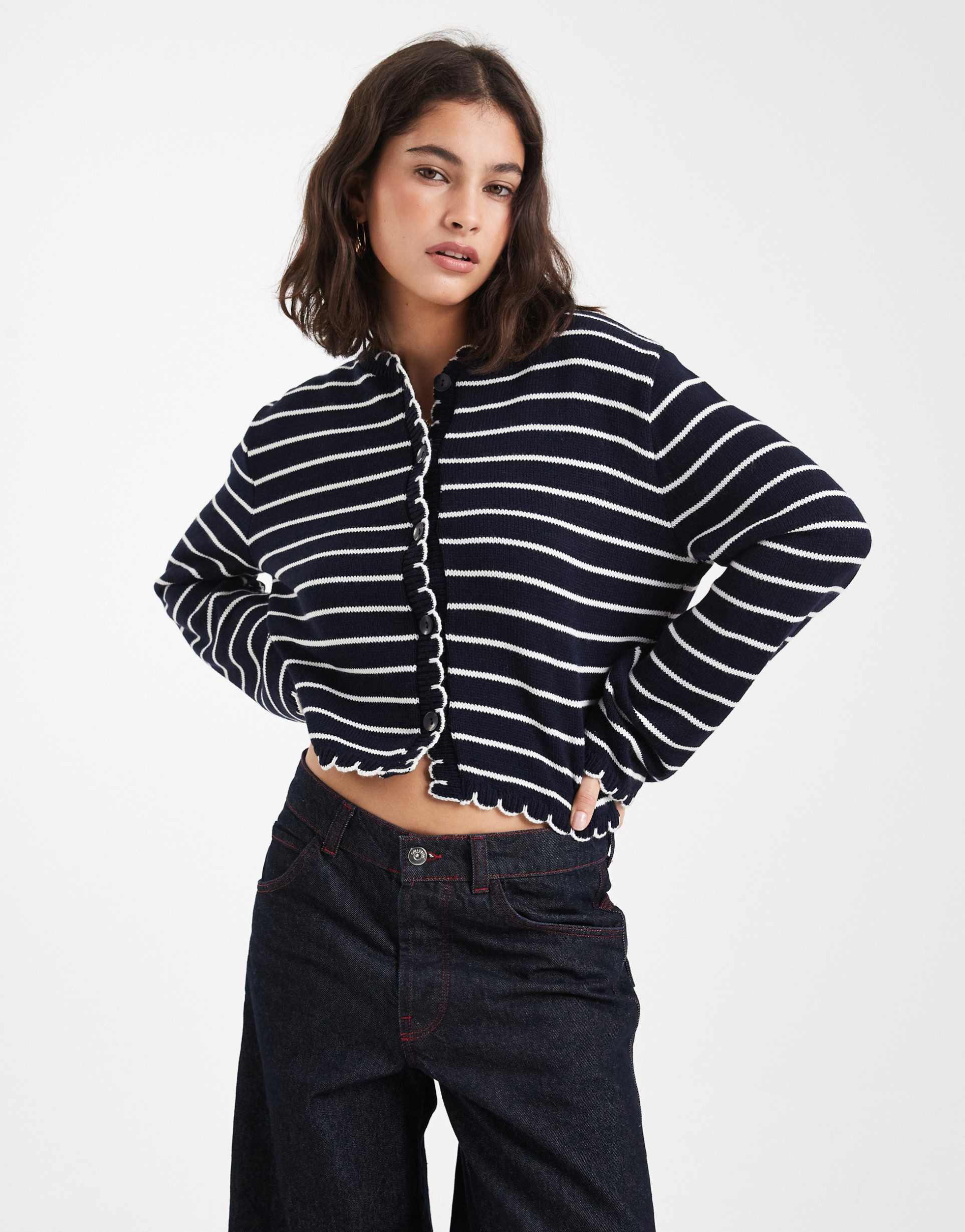 miss selfridge striped blanket-stitch cardigan in navy