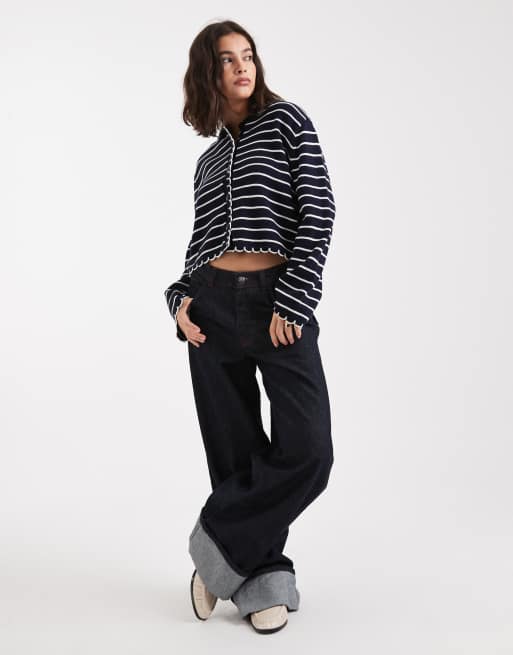 Miss Selfridge striped blanket-stitch cardigan in navy