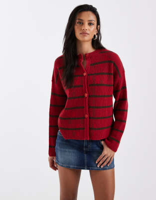 Miss Selfridge Striped Cardigan In Red