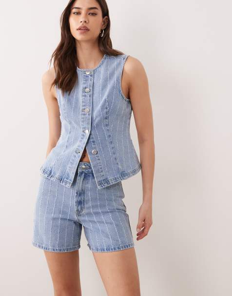 Miss Selfridge striped denim short in blue wash