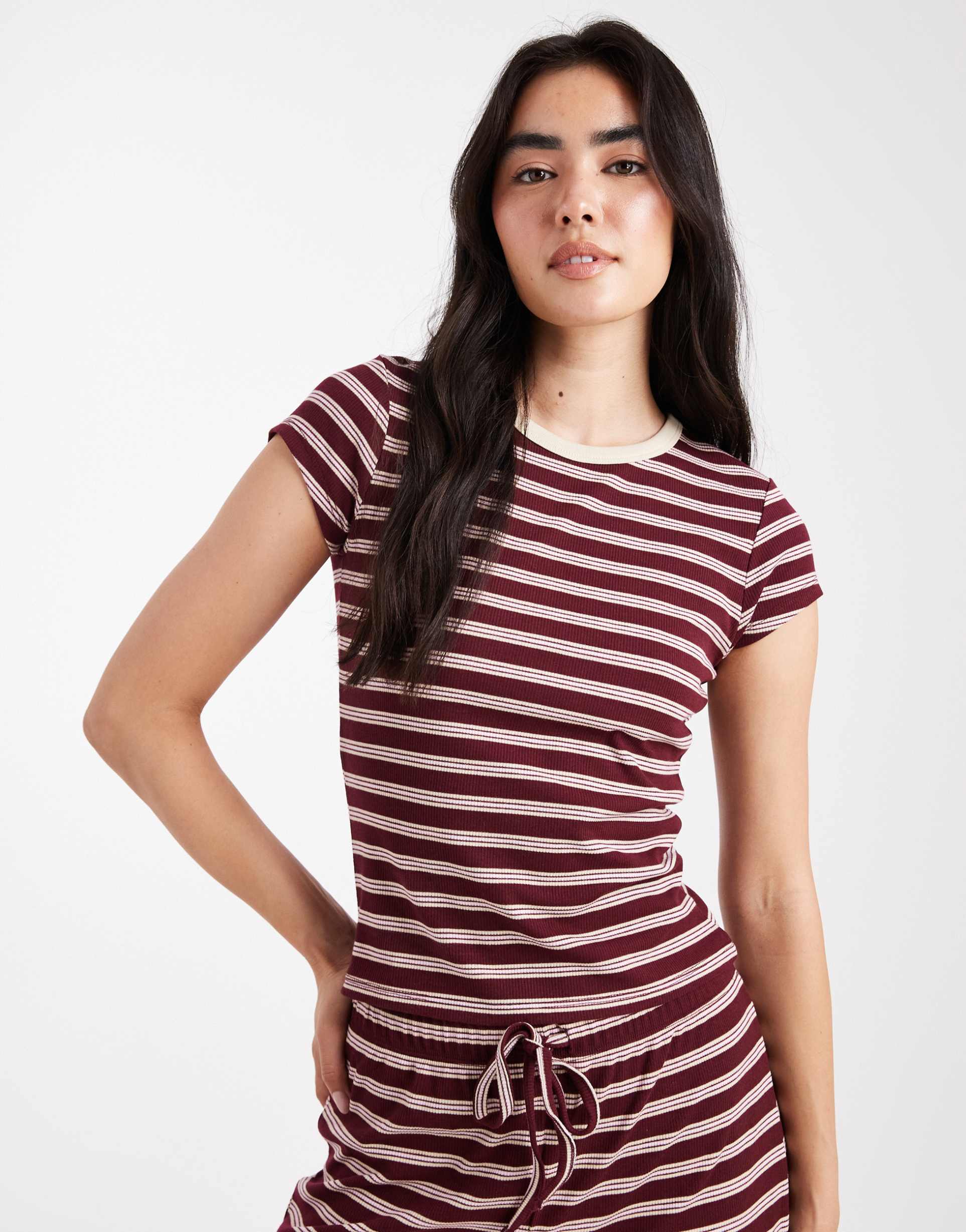 miss selfridge striped fitted t-shirt in burgundy - part of a set