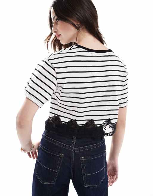 Miss Selfridge striped lace hem short sleeve T-shirt , 3 of 4
