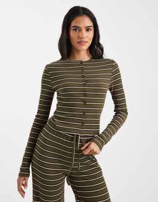 Miss Selfridge striped long sleeve top in olive - part of a set-Multi