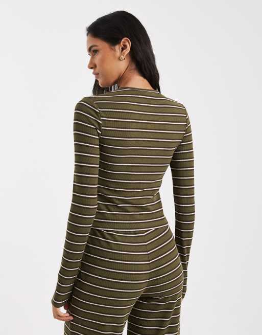 Miss Selfridge striped long sleeve top in olive (part of a set), 4 of 4