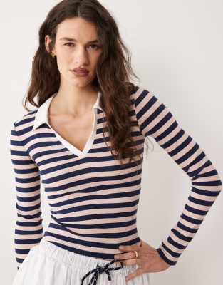 Miss Selfridge Striped Rib Knit Long Sleeve Polo Top In Multi