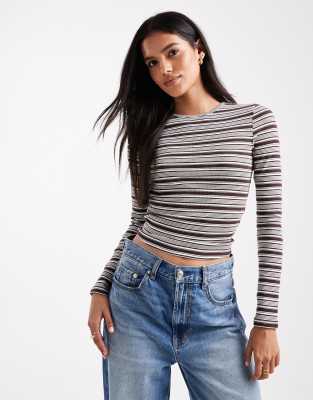 Miss Selfridge striped rib knit long sleeve top-Purple