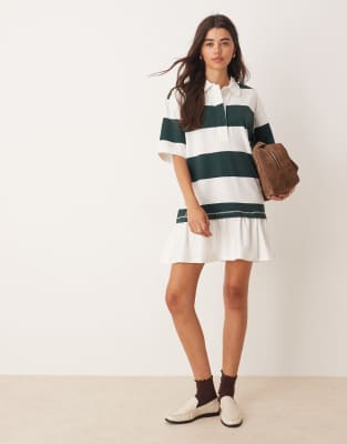 Miss Selfridge Striped Ruffle Hem Detail Rugby Dress-multi In White