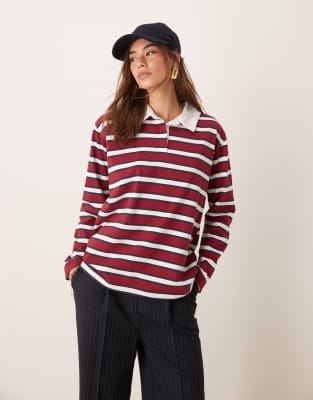 striped rugby long sleeve top in red-Multi