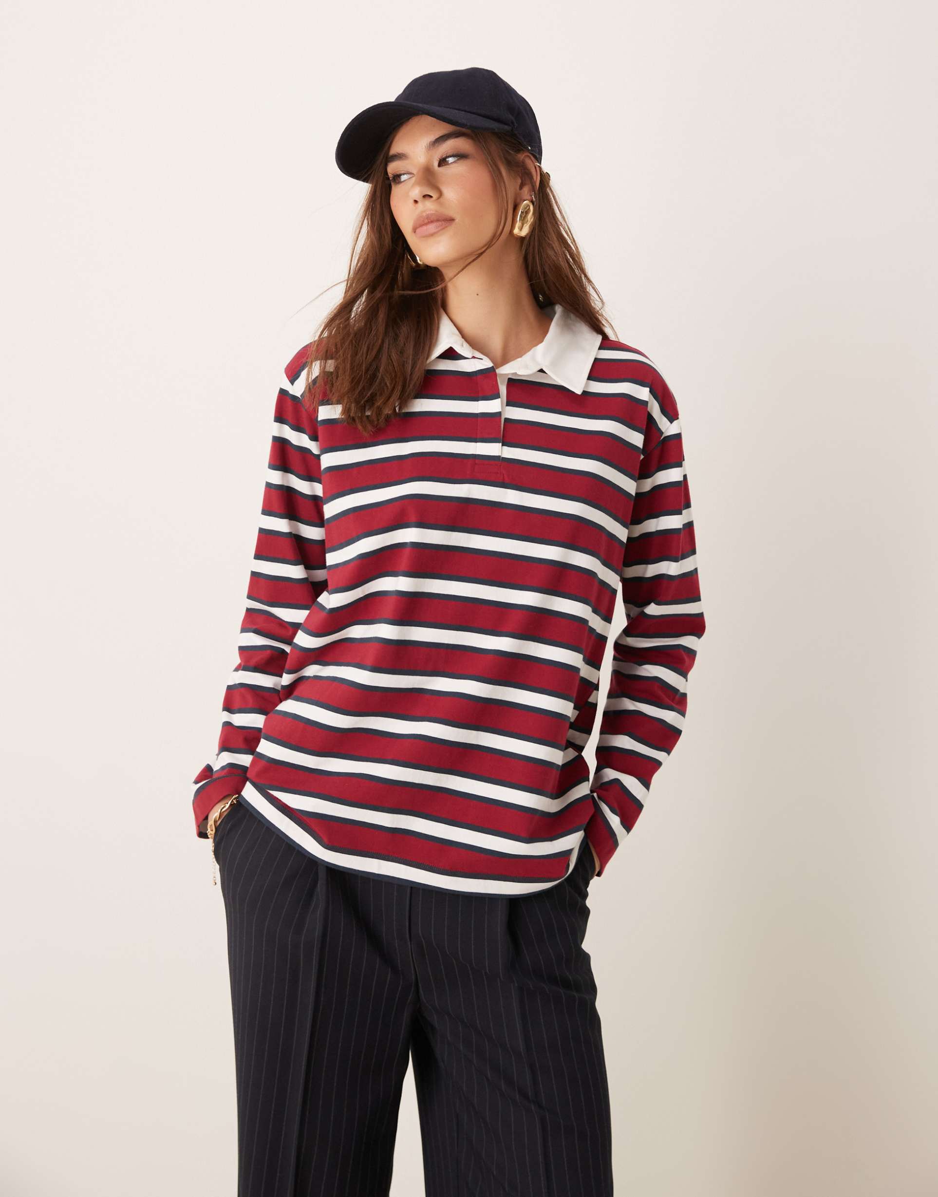 miss selfridge striped rugby long sleeve top in red