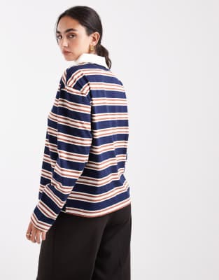 Miss Selfridge Striped Rugby Shirt With Lace Trim Collar-multi In Blue