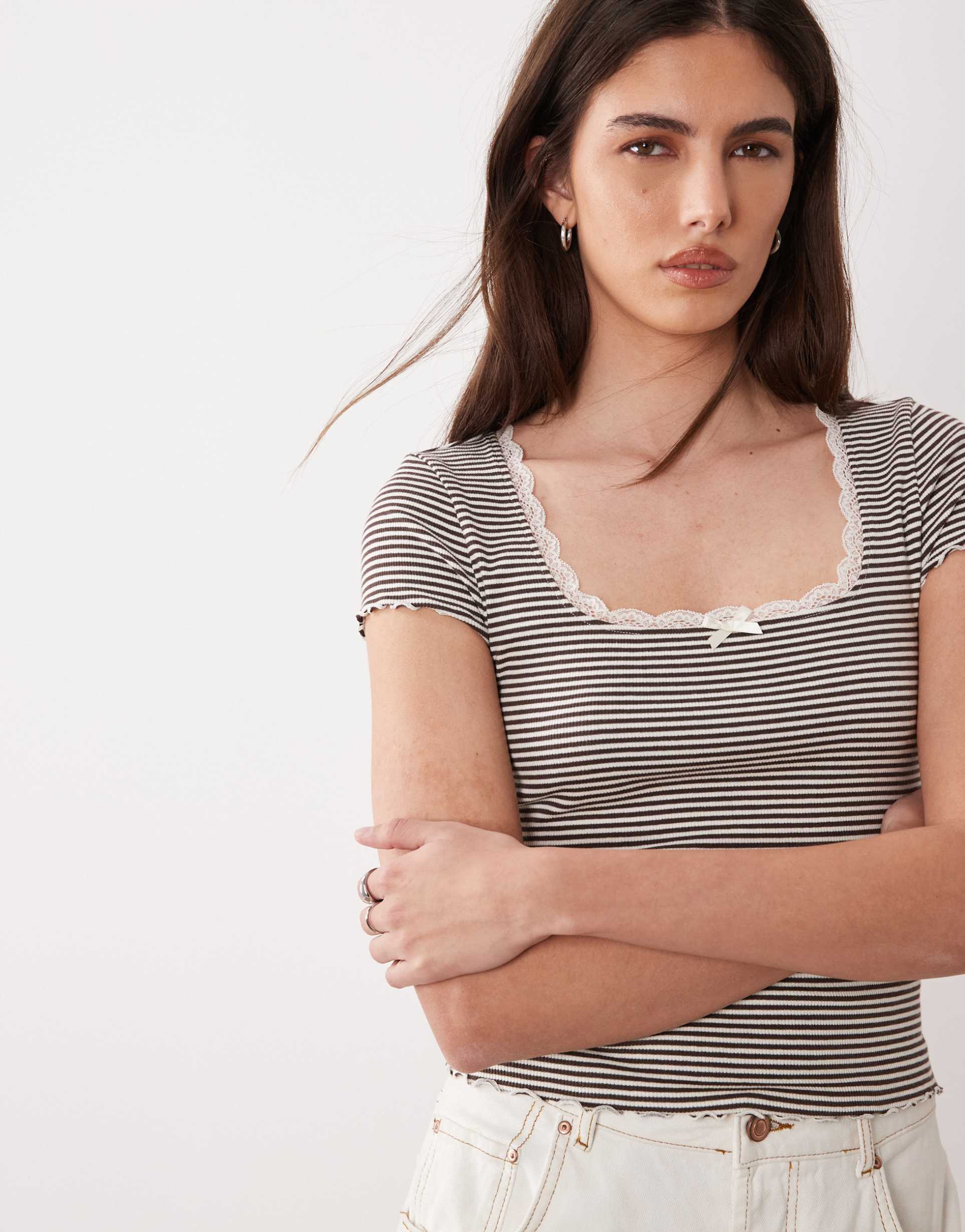 miss selfridge striped square neck lace trim short sleeve top