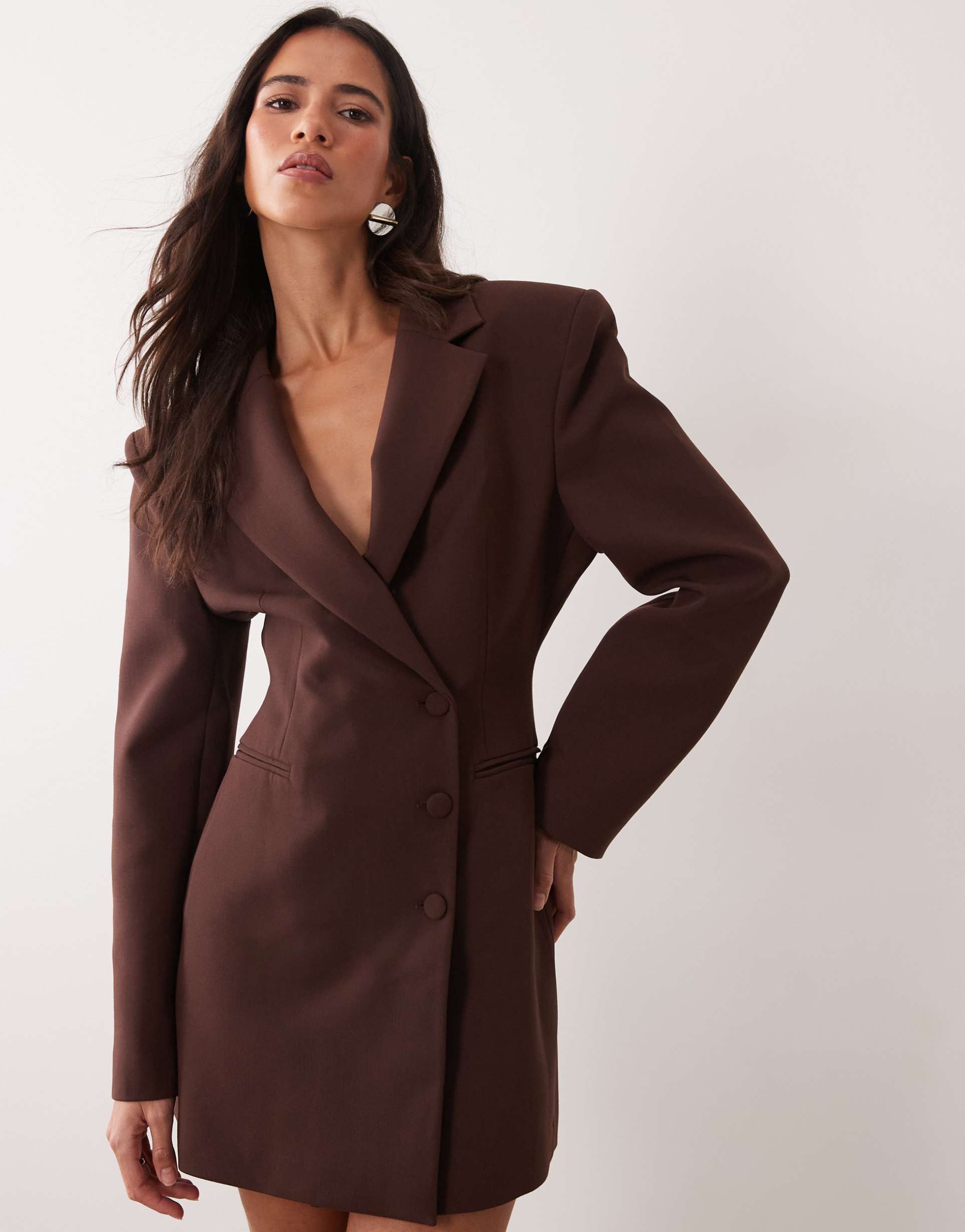 miss selfridge strong shoulders cinched blazer dress in chocolate