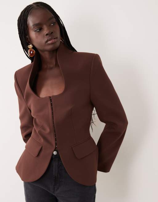 Miss Selfridge structured blazer in chocolate brown, 4 of 4