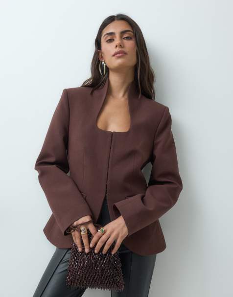 Miss Selfridge strukturerad kavaj i chokladbrun - view 1