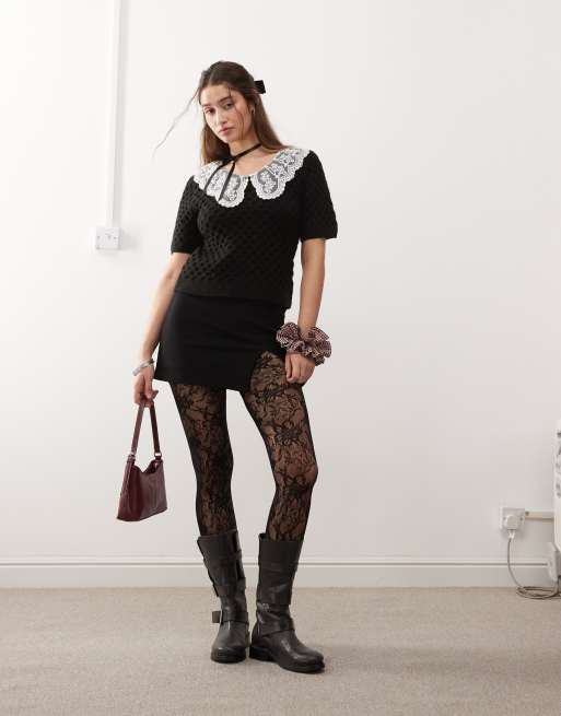 Miss Selfridge – Strukturierter, kurzärmliger Strickpullover in Schwarz mit Kontrastkragen, 4 von 4