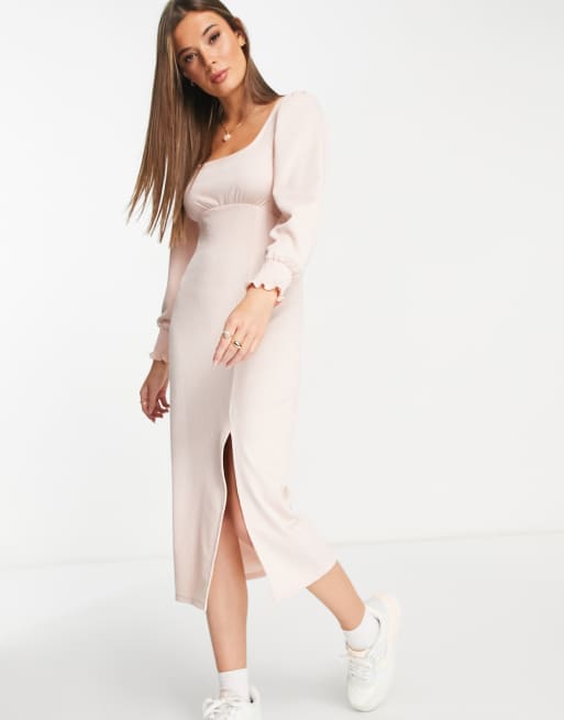 Miss Selfridge – Strukturiertes Midikleid in Rosa mit quadratischem Halsausschnitt 