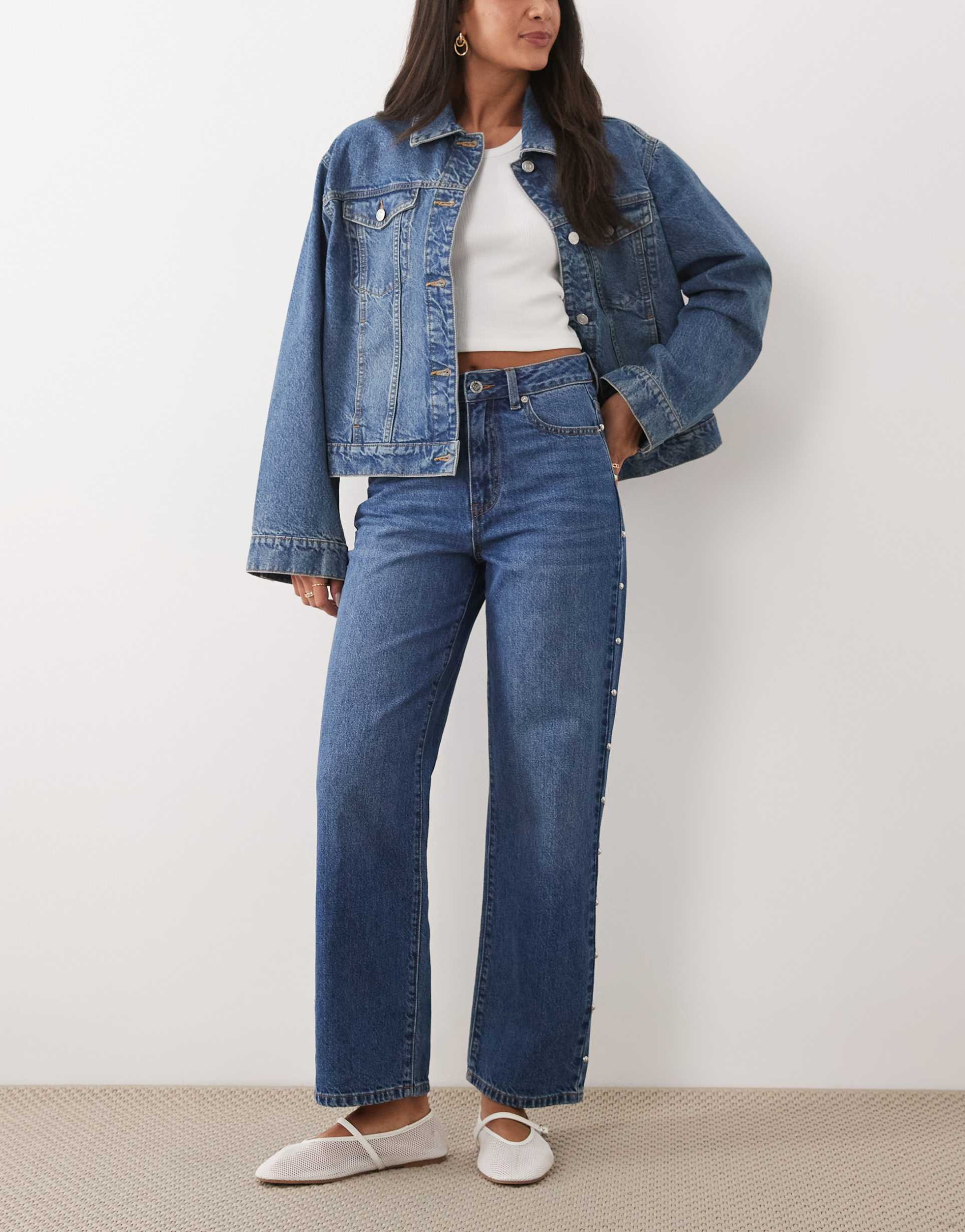 miss selfridge studded denim jeans in blue wash