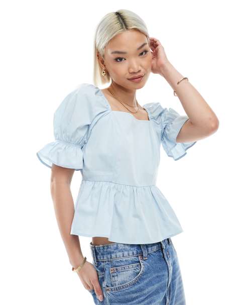 Miss Selfridge - Støvet blå peplum-top i poplin - view 1