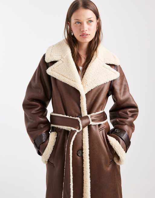 Miss Selfridge suedette borg belted wrap coat in chocolate, 2 of 4