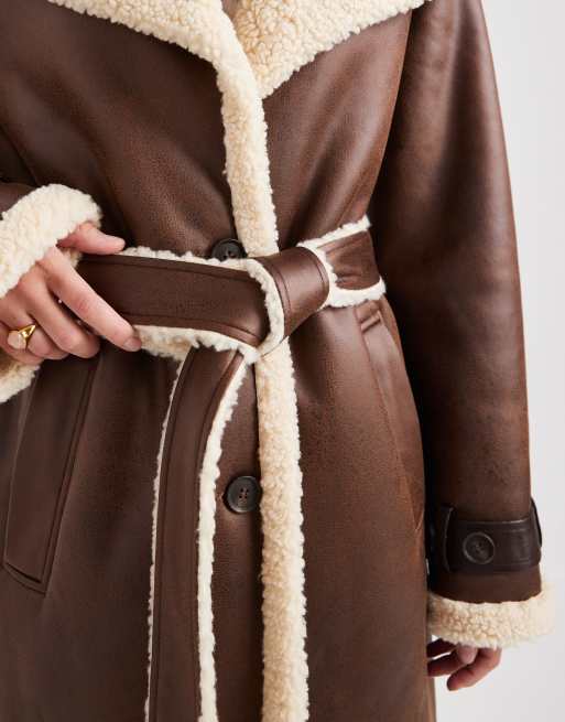 Miss Selfridge suedette borg belted wrap coat in chocolate, 4 of 4