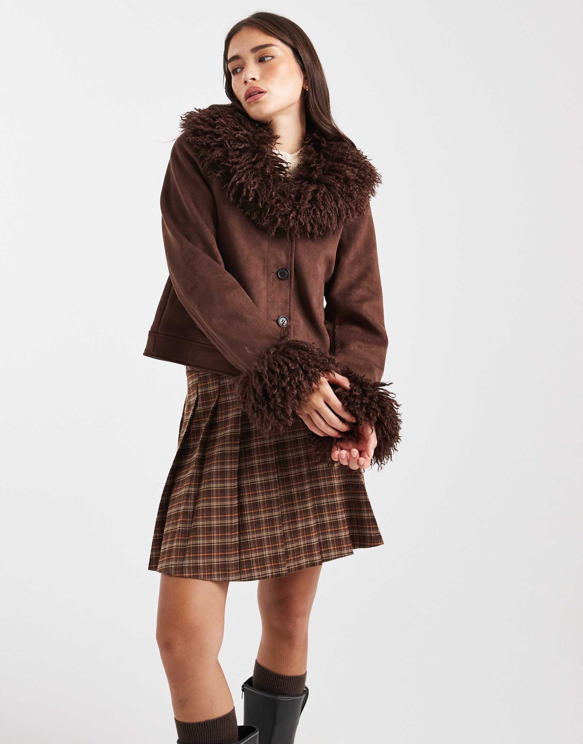 miss selfridge suedette faux mongolian fur collar crop jacket in chocolate