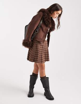 Miss Selfridge Suedette Faux Mongolian Fur Collar Crop Jacket In Brown