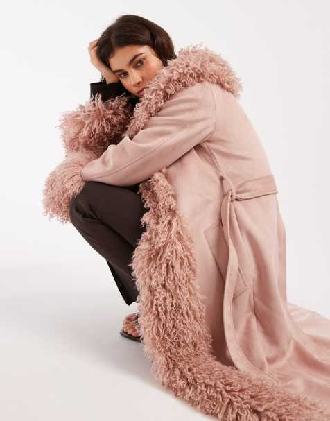 Miss Selfridge suedette faux mongolian trim trench coat in soft pink - view 1