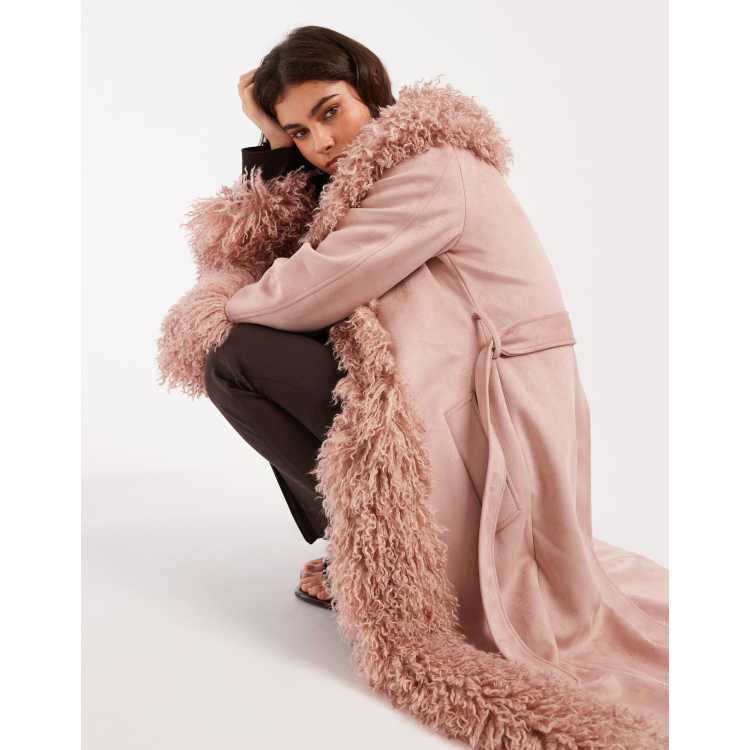 Miss Selfridge suedette faux mongolian trim trench coat in soft