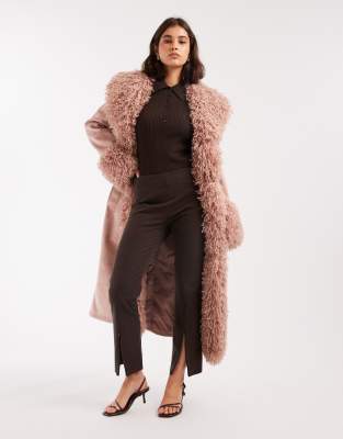Miss Selfridge Suedette Faux Mongolian Trim Trench Coat In Red