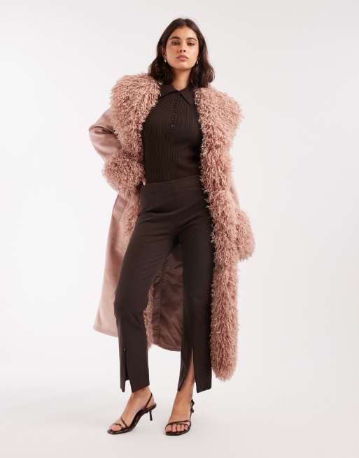 Miss Selfridge suedette faux mongolian trim trench coat in soft pink