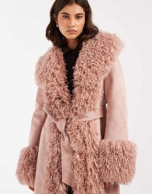 Miss Selfridge suedette faux mongolian trim trench coat in soft
