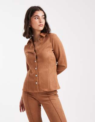Miss Selfridge Suedette Fitted Shirt-brown
