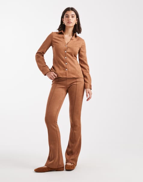 Miss Selfridge suedette flare in tan - view 1
