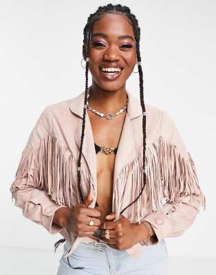 Miss Selfridge Suedette Fringe Biker Jacket In Soft Pink ModeSens