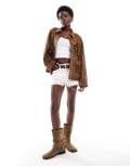 [Miss Selfridge] Miss Selfridge suedette fringe mid-length jacket in tan-Brown 16 TAN