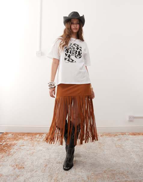 Miss Selfridge suedette fringe skirt in tan - view 1
