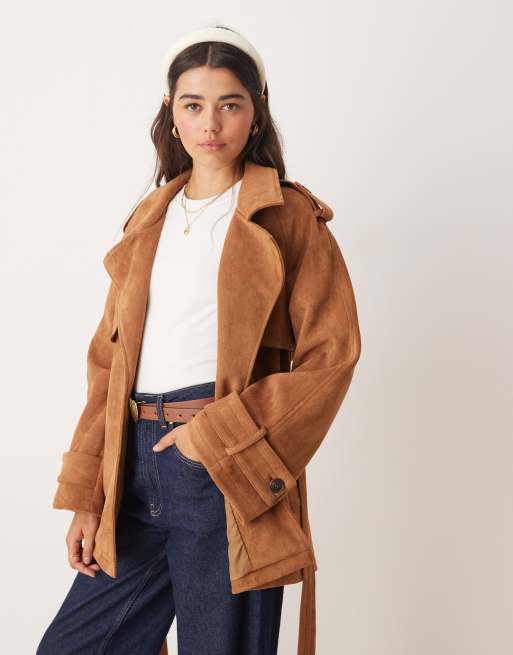 Miss Selfridge suedette mid length trench coat in tan