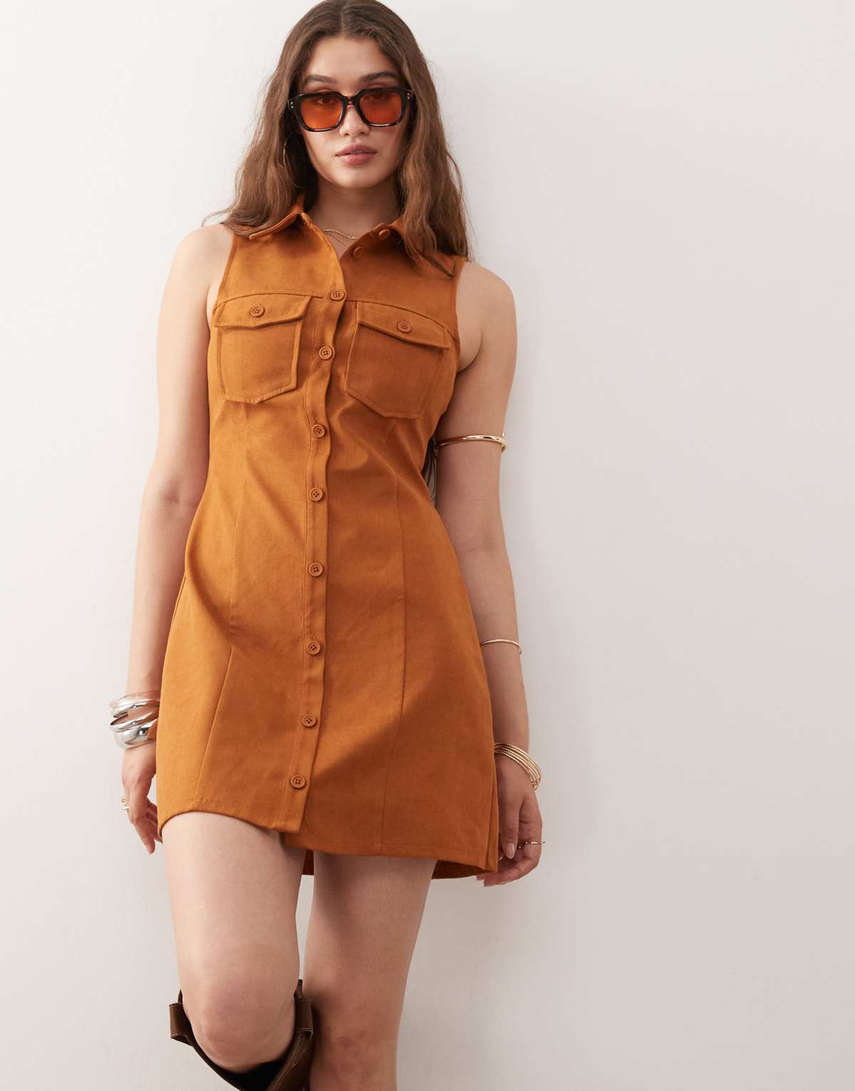 Miss Selfridge suedette sleeveless dress in tan