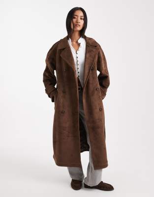 Miss Selfridge Suedette Trench Coat In Brown