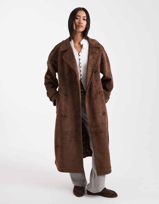 Miss Selfridge suedette trench coat in chocolate, 2 of 4
