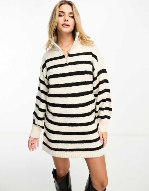 Miss Selfridge – Sukienka dzianinowa mini z wysokim kołnierzem w paski z suwakiem pod szyją 