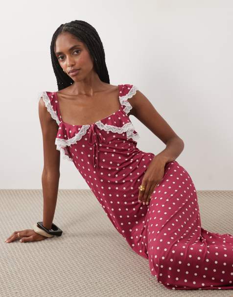 Miss Selfridge sukienka maxi na ramiączkach z falbanką w groszki - view 1