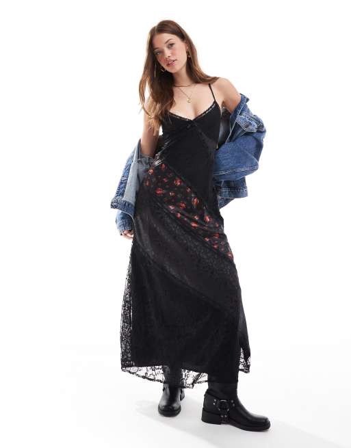 Miss Selfridge – Sukienka maxi na ramiączkach z satyny i koronki w żakardowy wzór w róże