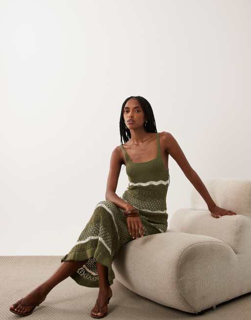 Miss Selfridge sukienka maxi szydełkowana w paski khaki, 2 z 4