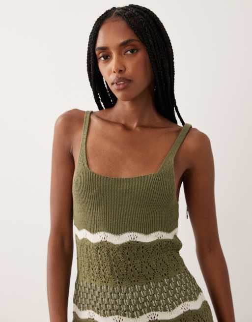 Miss Selfridge sukienka maxi szydełkowana w paski khaki, 3 z 4