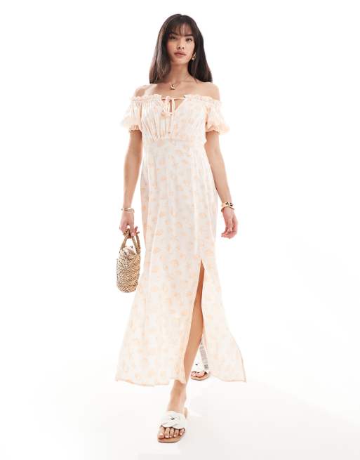 Miss Selfridge – Sukienka maxi z dekoltem bardot i bufkami we wzór w muszle