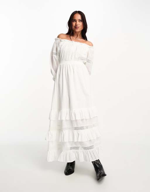 Miss Selfridge – Sukienka maxi z dekoltem bardot i koronkową wstawką w kolorze kości słoniowej
